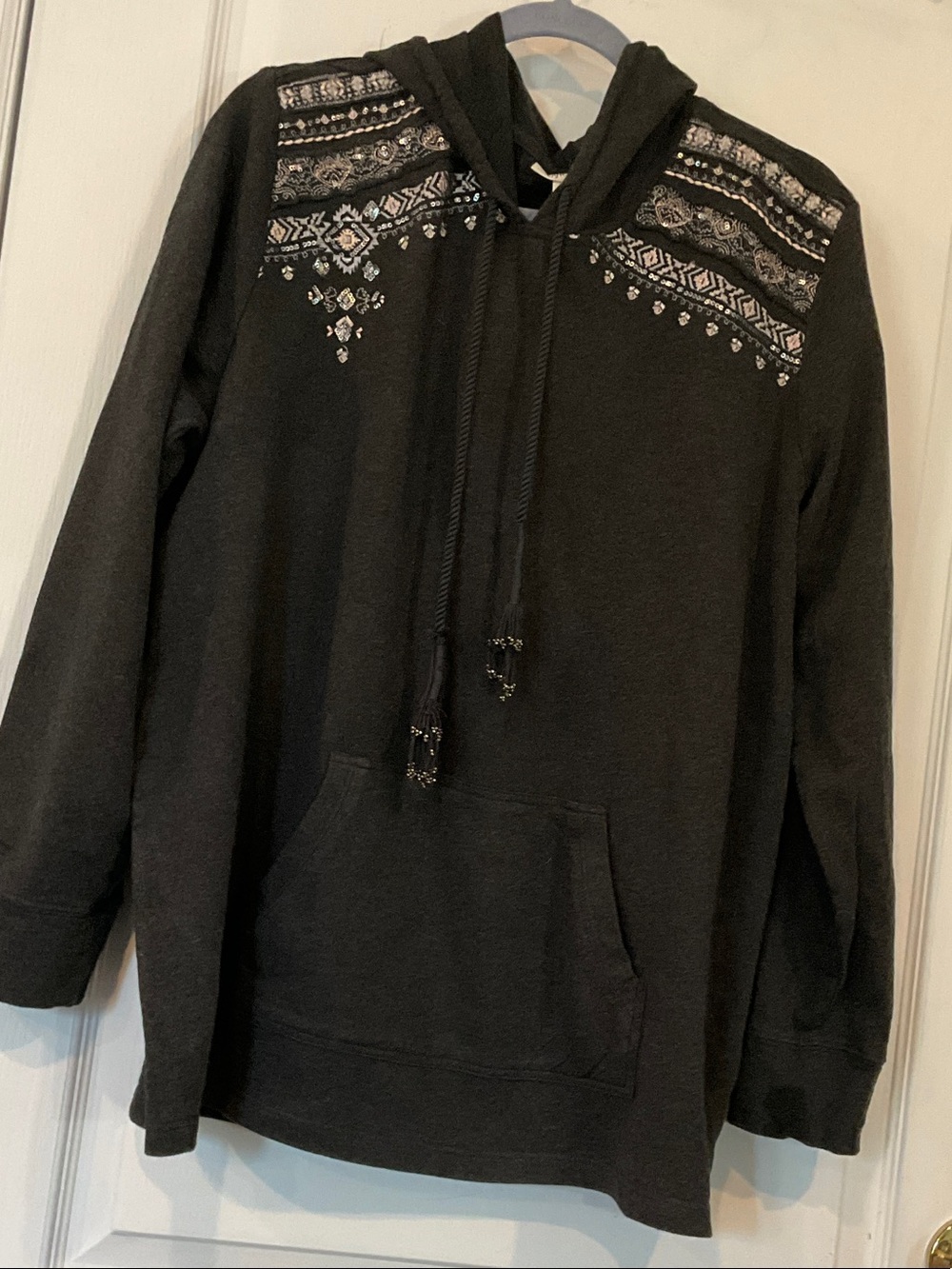 Style & Co. Black Hooded Sweater with Embroidered Yoke